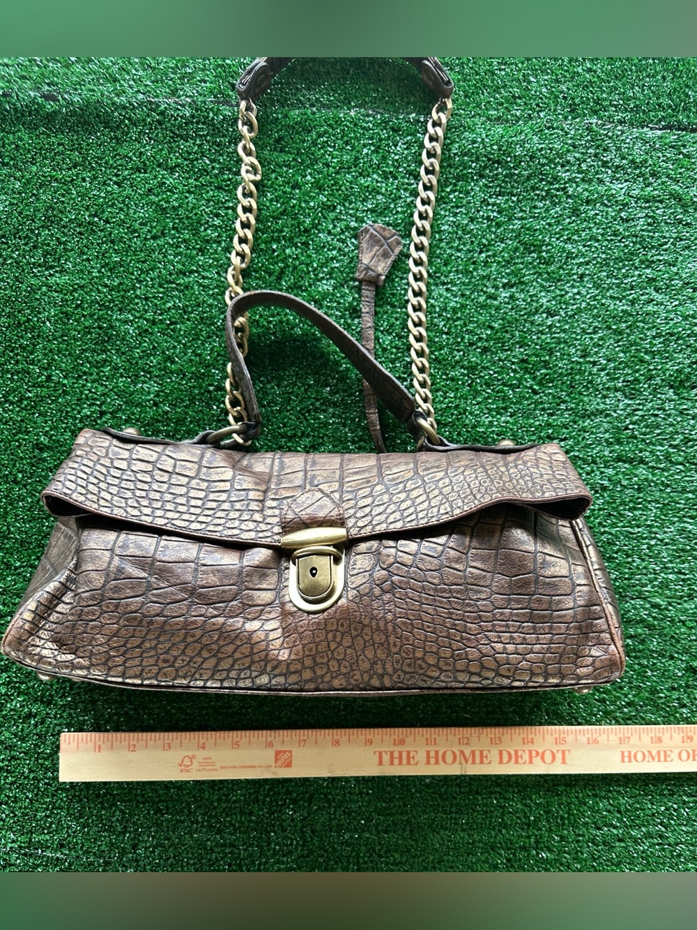 Croc-Embossed Leather Shoulder Bag in Brown with Chain Strap